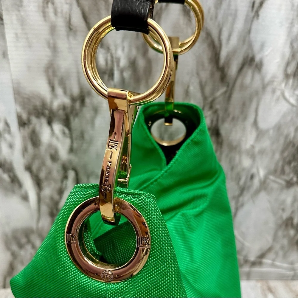 Vibrant Green Nylon Hobo Shoulder Bag Black Strap Gold Hardware Tote Bold Bright